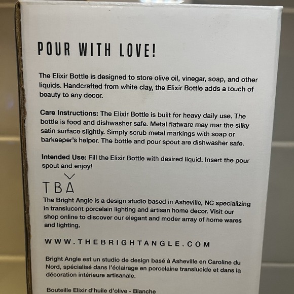 The Bright Angle Olive Oil Vinegar Bottle Elixir POUR WITH LOVE 24 oz NIB - Picture 7 of 9